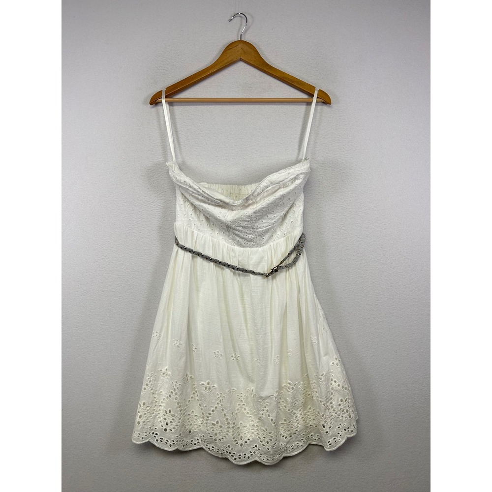Cottagecore Vanity Women LG White Eyelet Strapless Mini‎ Dress Braided Belt NWT
